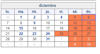 Calendario de la Bolsa de Madrid en Diciembre 2020